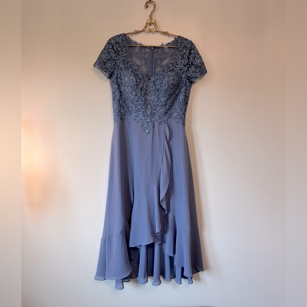 JJ’s House Slate blue v-neck A-line chiffon asymmetrical event /bridesmaid dress